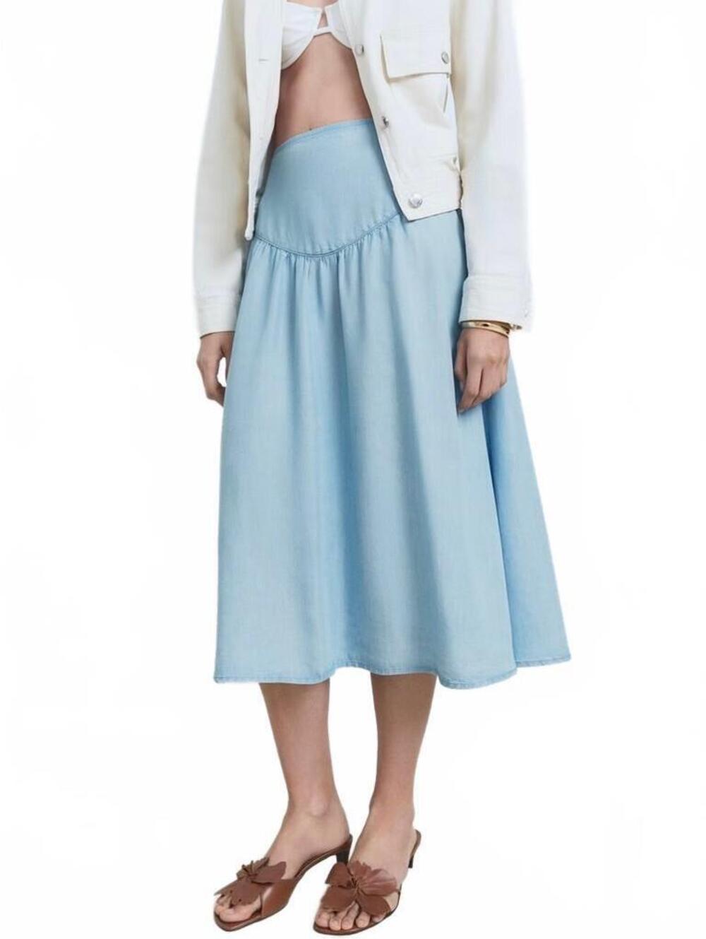 Mango Soft Denim Midi-Skirt with Gathered Detail NWT Haley Medium Blue XS